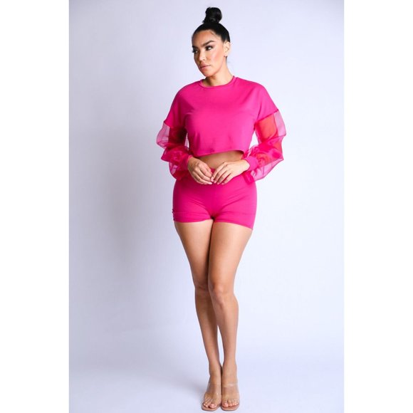 Women's Casual Crew Neck Organza Puff Sleeve Top & Elastic Waist Shorts 2Pcs Set - Picture 2 of 9